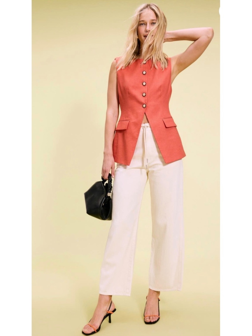 Veronica Beard Lois Vest Linen Blend Orange Size 2 Tailored Button Front